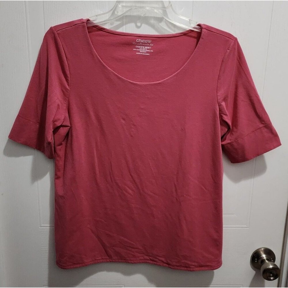 Chico’s The Ultimate Tee Short Sleeve Round Neck T-Shirt Top Solid Pink Sz 1 (M)
